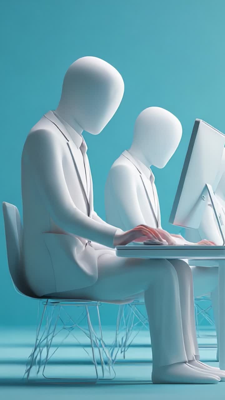 Abstract figures in white suits working on computers against a turquoise background, representing modern technology and the digital workspace environment
