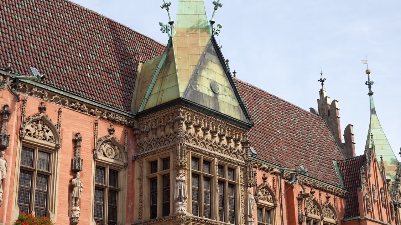 Intricate Gothic style details on historic Wroclaw Town Hall, in Poland