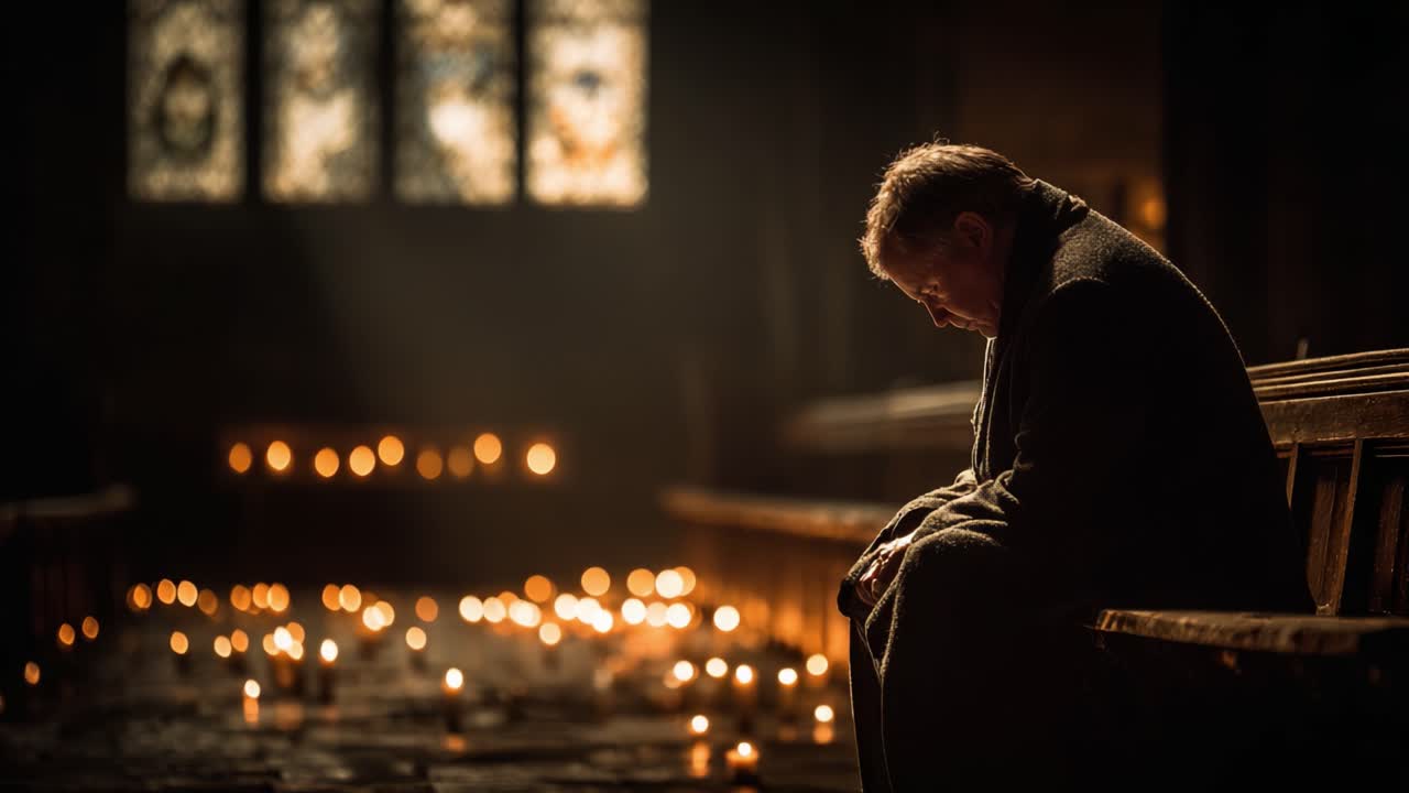 A Somber Reflection in the Glow of Candles: A Solemn Moment Captured in a Dimly Lit Space Filled with Spiritual Undertones and a Sense of Contemplation and Remembrance
