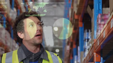 animation of data processing over caucasian male worker in warehouse