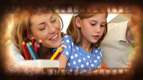 family drawing together, film strip animation over their bonding moment