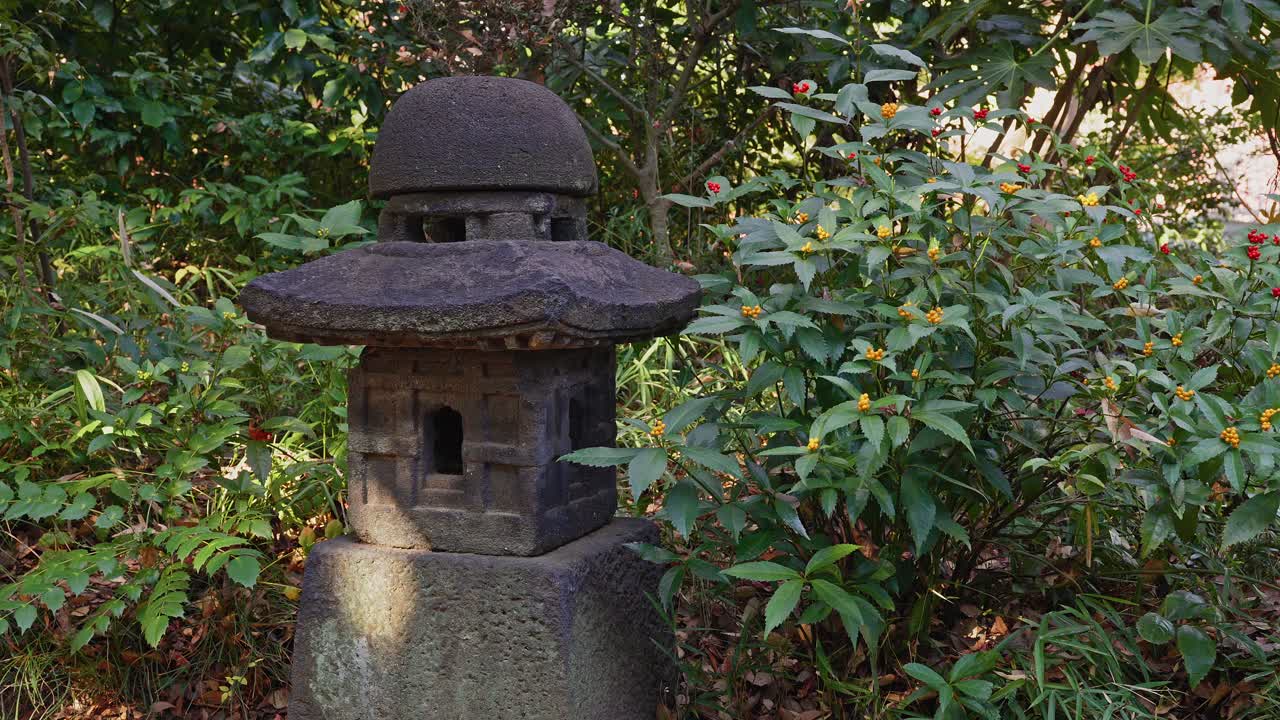 Una vista dettagliata di una lanterna di pietra giapponese (tōrō), che mostra la texture della pietra scolpita e le piccole aperture ad arco. È circondata da arbusti verdi con piccoli fiori gialli e rossi in un ga illuminato dal sole