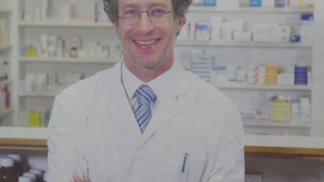 animation of financial data processing over caucasian male pharmacist