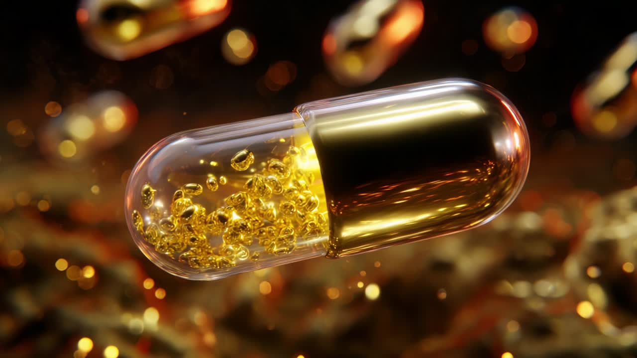A stunning visual representation of a capsule filled with golden liquid, showcasing its intricate details as it floats against a blurred backdrop, symbolizing innovation in health and wellness on a captivating backdrop