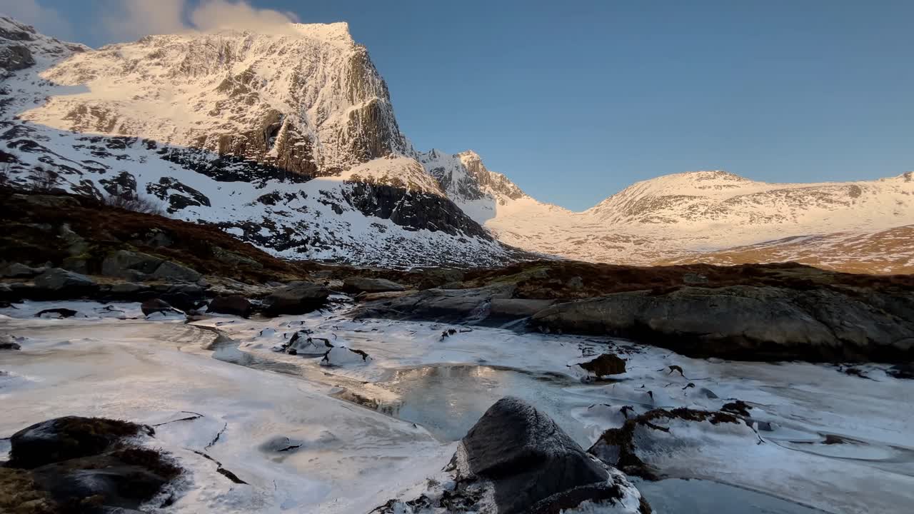 Aerial view of Lofoten Islands beautiful landscape during winter