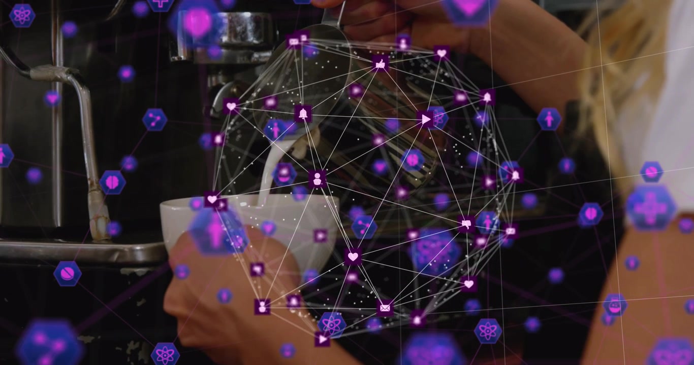 Animation of icons connected and forming globe, cropped hands of barista pouring milk in coffee