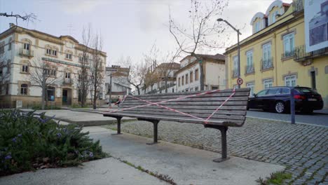 park benches closed empty city streets, coronavirus lockdown castelo branco city