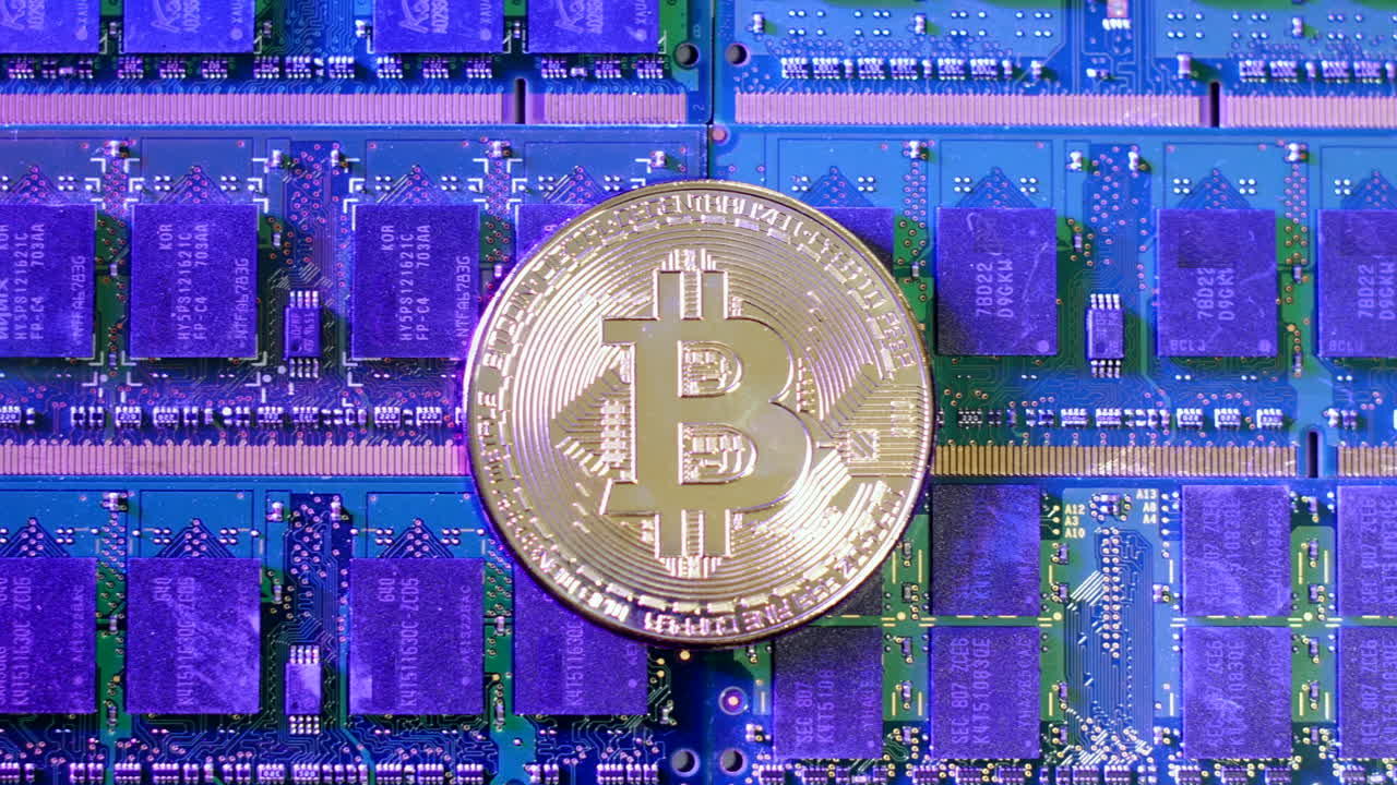 criptomoneda bitcoin con paso eléctrico en plataforma de minería de placa de microchip