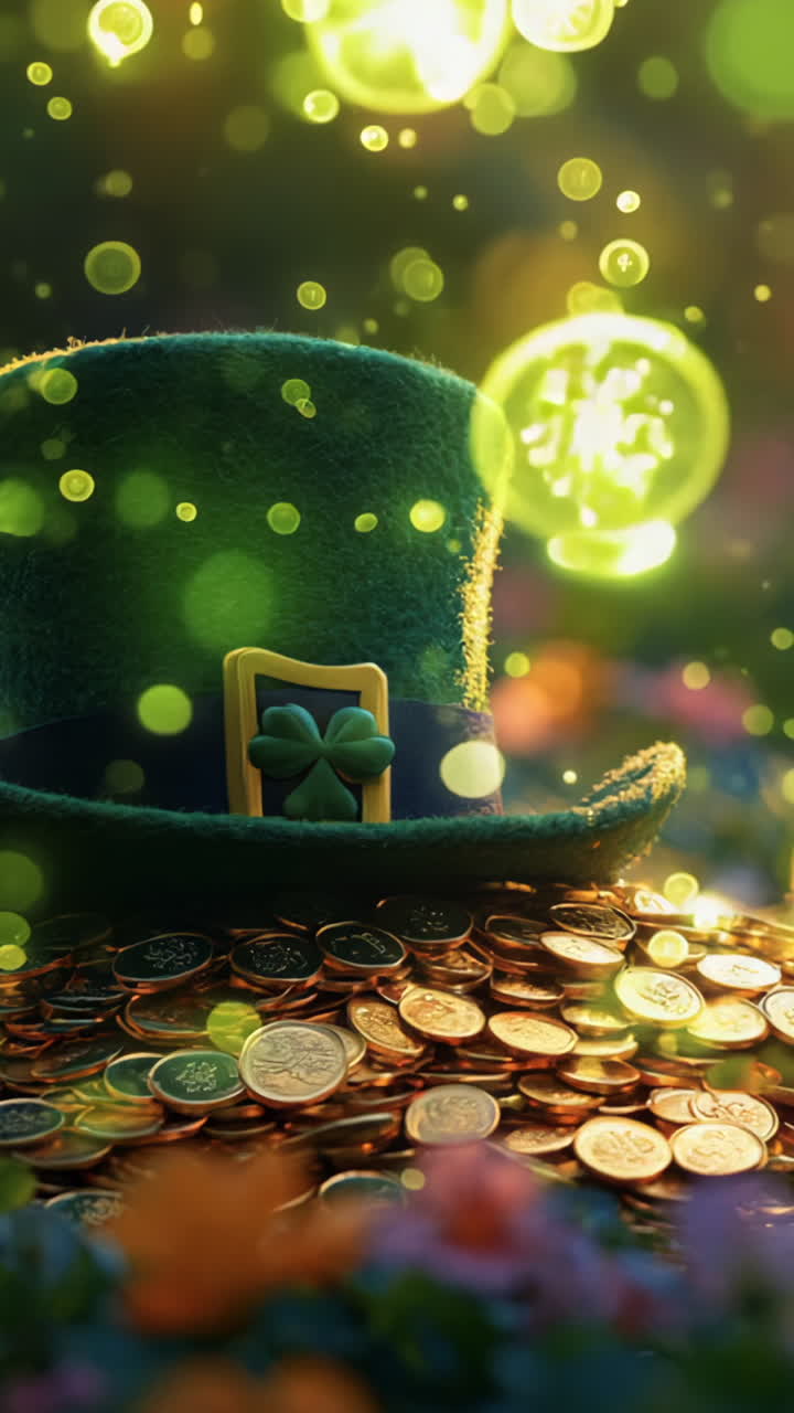 A green hat is sitting on a pile of gold coins in a field of flowers. The scene is whimsical and playful, evoking a sense of fun and lightheartedness