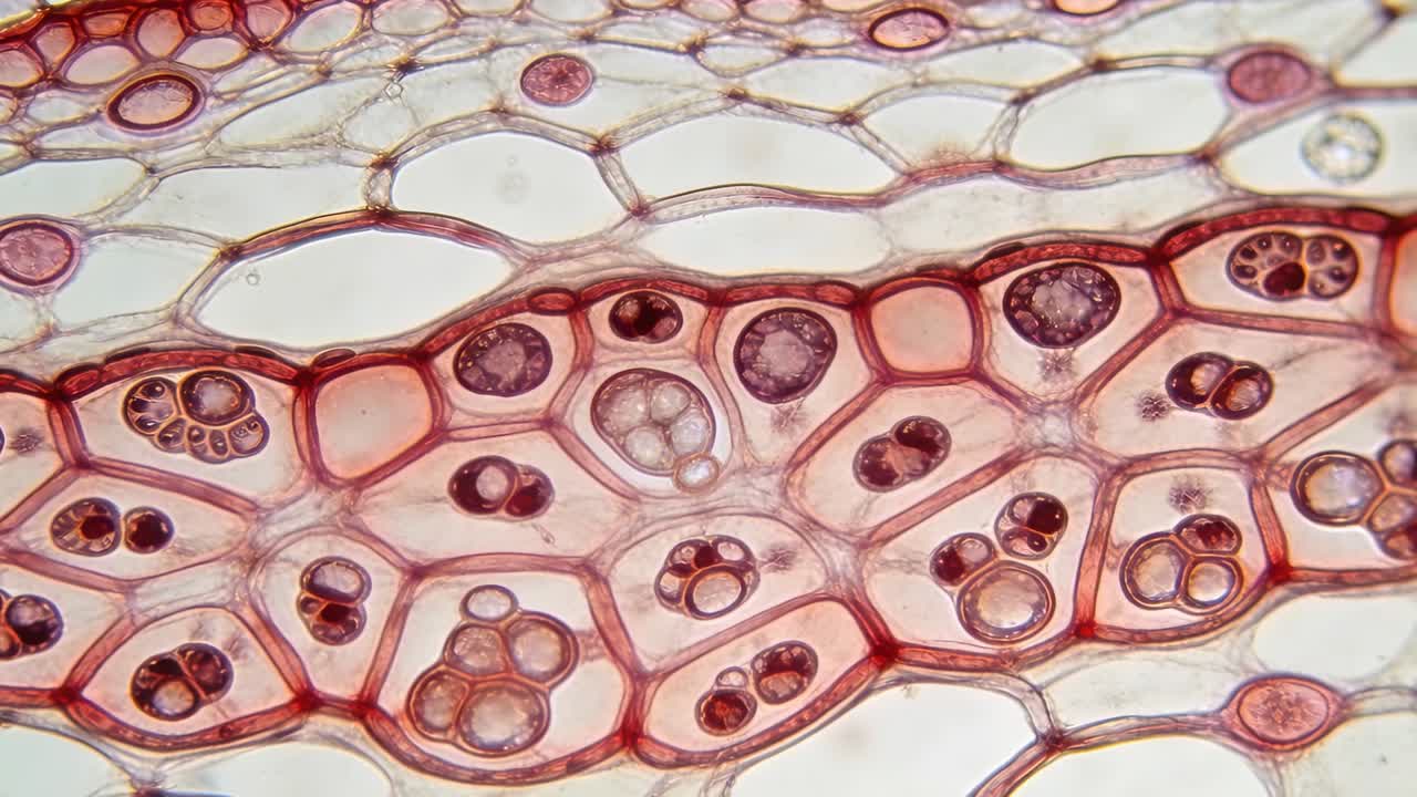 Panoramica della lente che si sposta, focalizzata su un vetrino di tessuto vegetale colorato, rivelando pareti cellulari rosse e granuli.