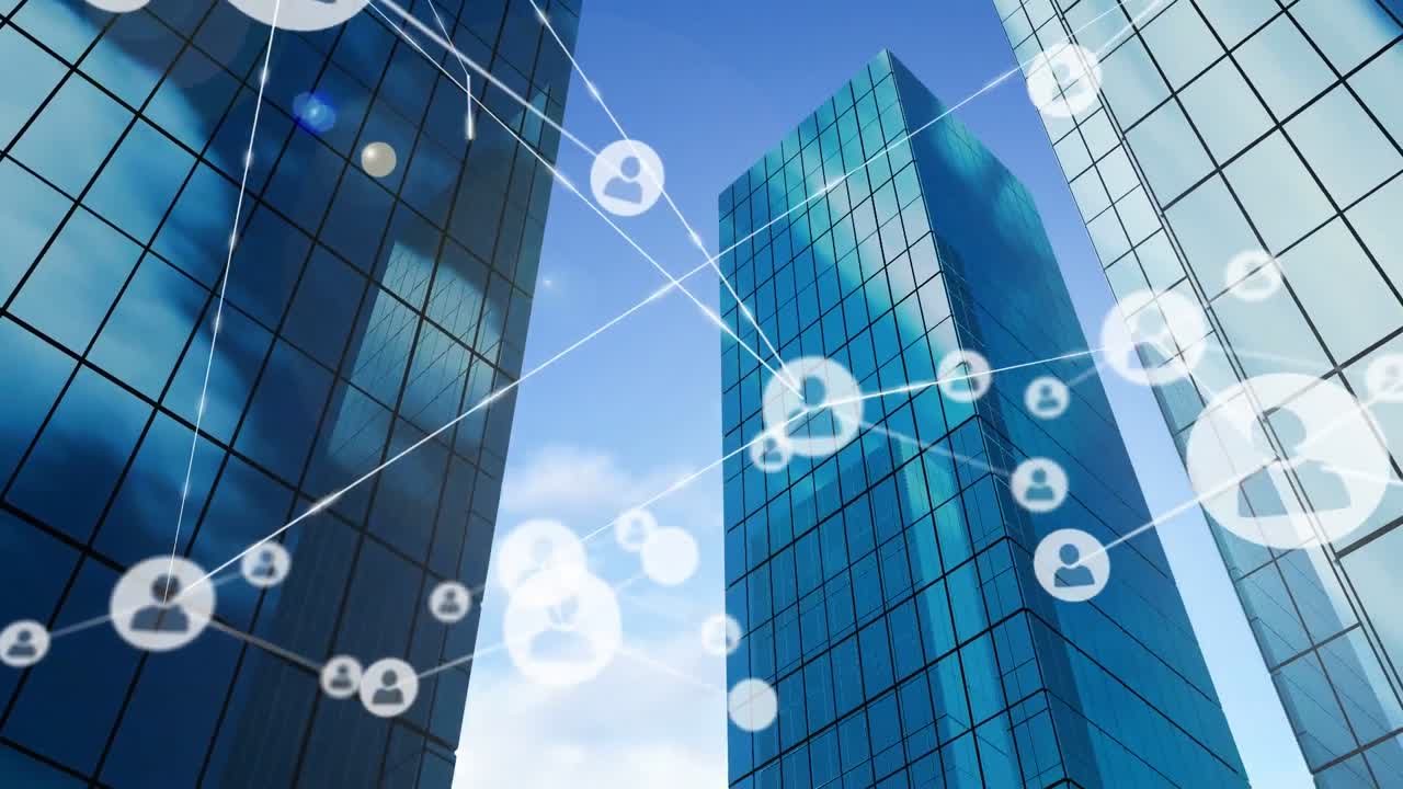 사람들과 건물들과의 아이콘과 함께 네트워크 연결의 애니메이션