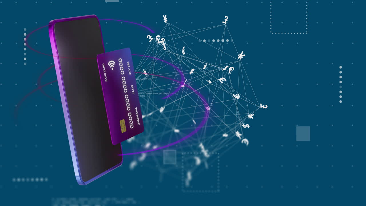 Animation of globe with currency symbols and data processing over credit card and smartphone