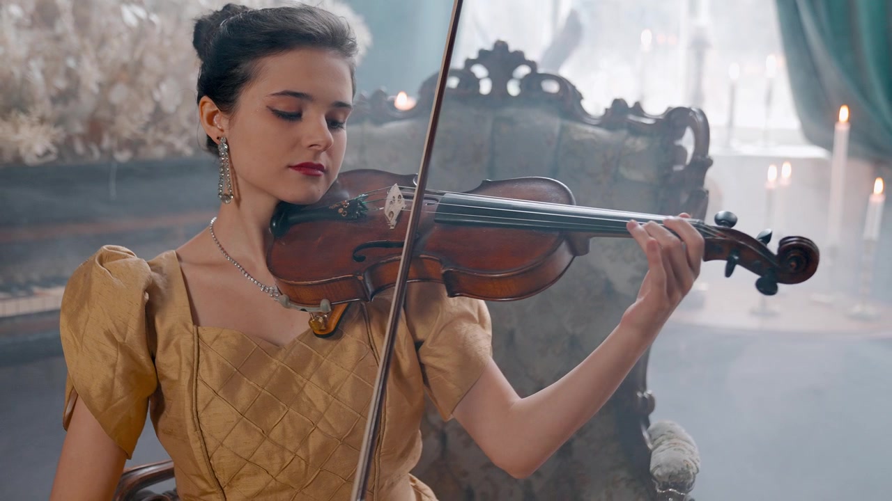 Elegant Young Woman Playing Violin in a Vintage Setting