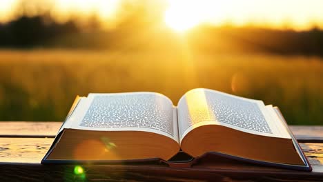 open book rests on a wooden table against a vibrant sunset. sunlight casts a golden glow, creating an inviting and peaceful reading atmosphere