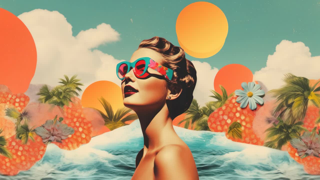 Video koncept inspirovaný retro stylem s živým a surrealistickým stylem. Záběr ženy ve slunečních brýlích z nízkého úhlu.