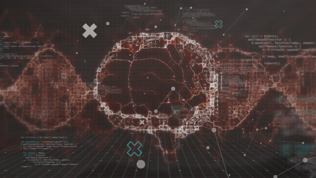 인간의 디지털 뇌와 컴퓨터 언어의 애니메이션으로 검은 바탕에 점이 있습니다.