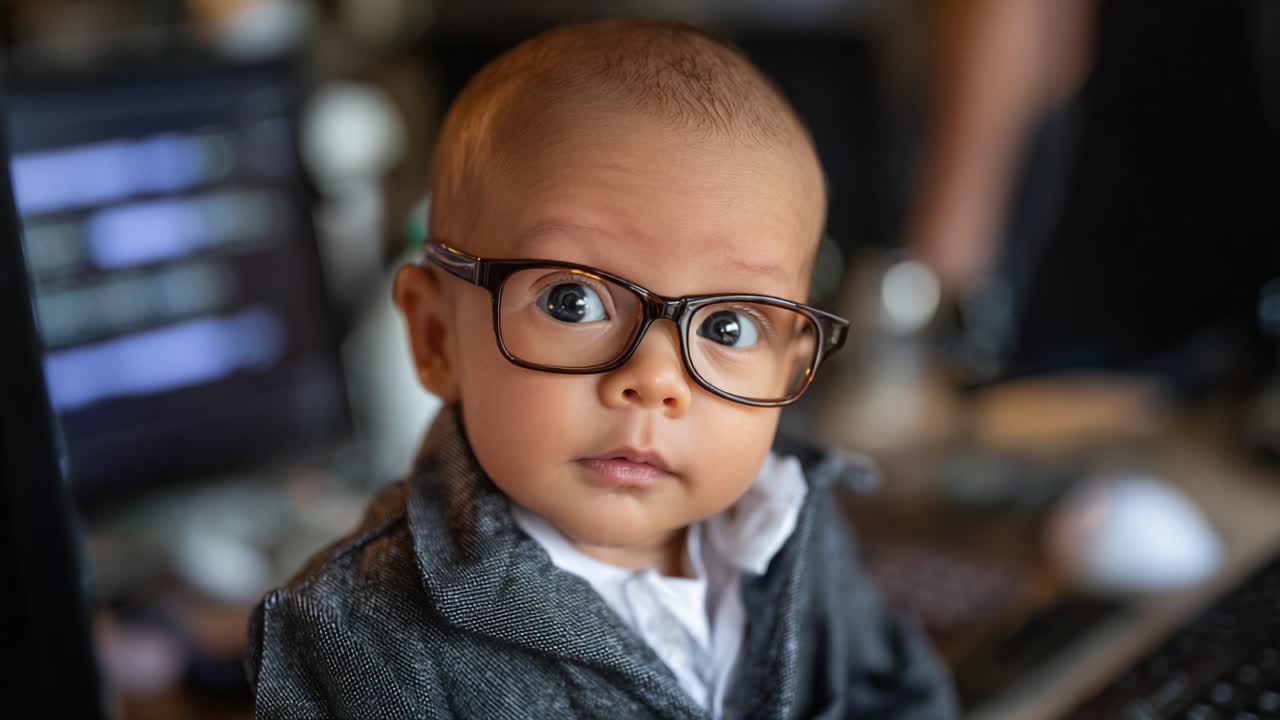 Bebè adorabile con gli occhiali e un outfit alla moda: espressioni accattivanti e meraviglia giocosa catturate in due momenti di curiosità e fascino
