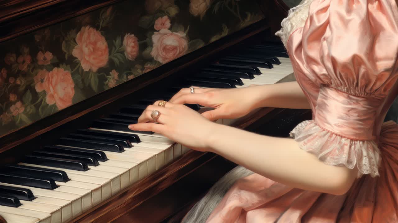 Close-up video still of elegant hands playing a vintage piano, showcasing intricate floral designs
