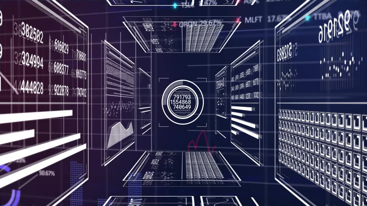 Panels fading in wireframe corridor, circular display incrementing numbers and charts showing data