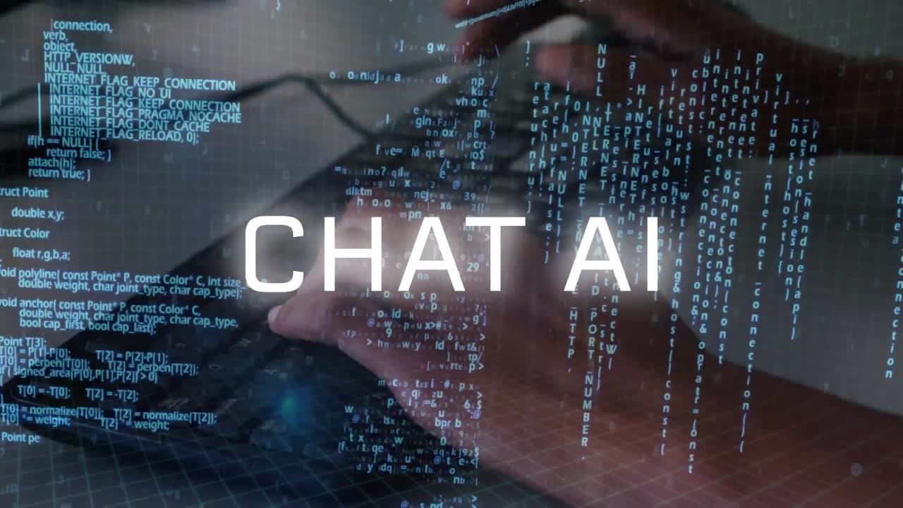 Animation of artificial intelligence text and data processing over biracial woman using computer