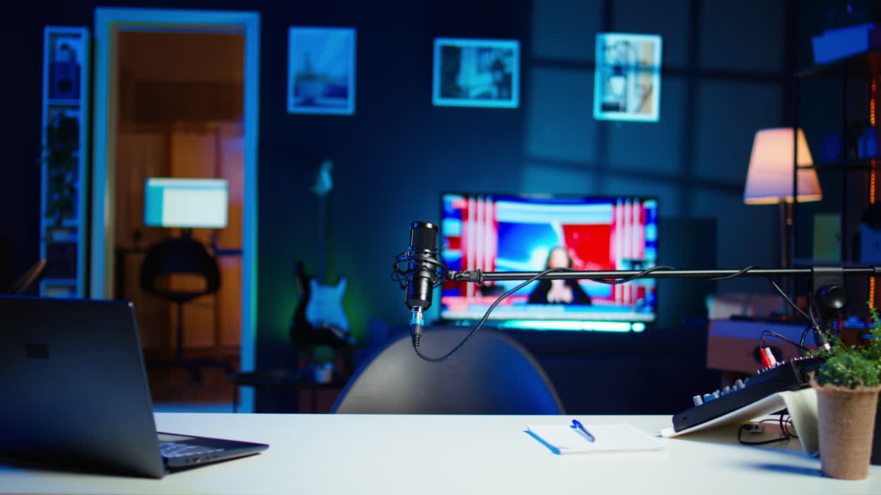 뉴스 방송과 홈 스튜디오에서 마이크를 녹음하는 tv 화면