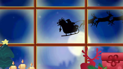 animation of santa claus in sleigh with reindeer seen through window and christmas decorations