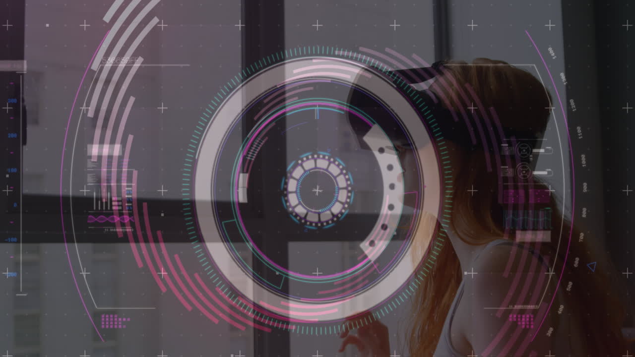 animación de formas giratorias sobre la mujer usando auriculares vr