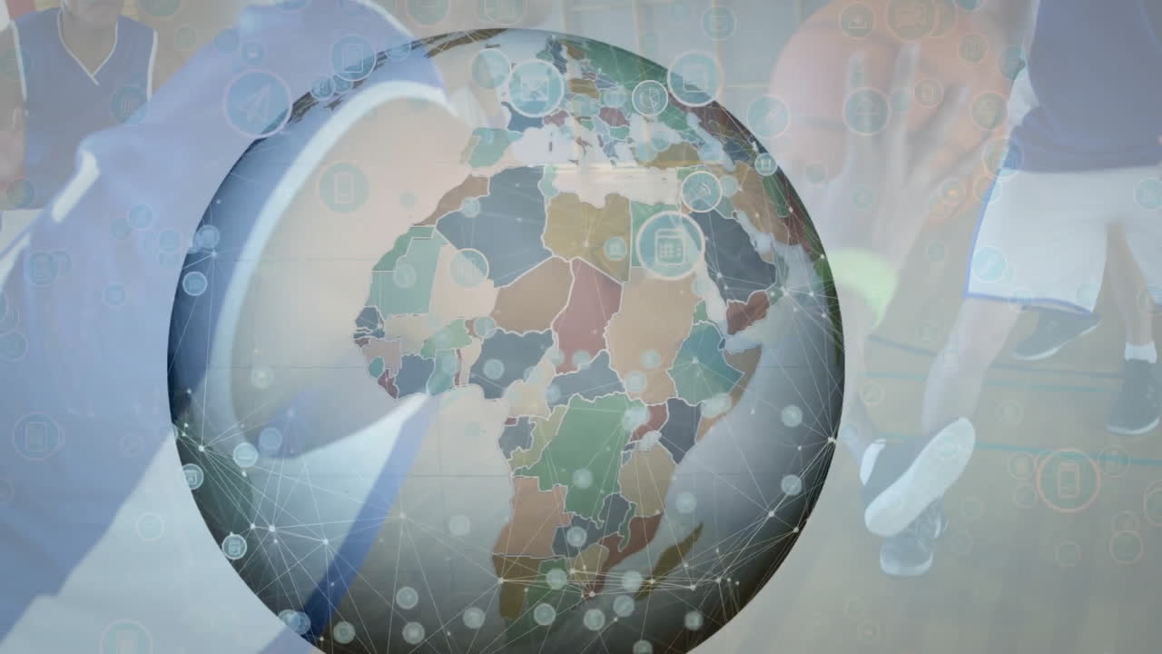 In school gym, animation of network connections over athletes playing basketball