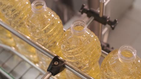 sunflower oil in the bottle moving on production line. bottling line of sunflower oil in bottles. vegetable oil production plant. high technology. industrial background