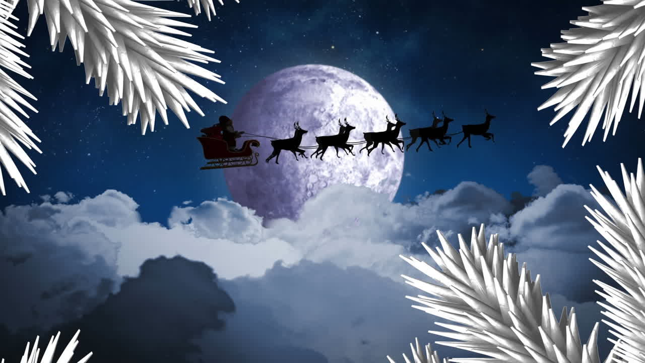 산타클로스 위 에 있는  ⁇ 색 크리스마스 나무 가지 들 이 밤 하늘 에 대항 하여 사 ⁇  들 이 끌고 있는  ⁇ 매