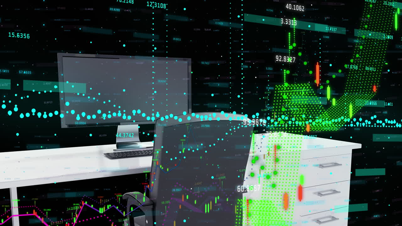 검은색 배경에 대한 3d 오피스 데스크 모델에 대한 금융 데이터 처리