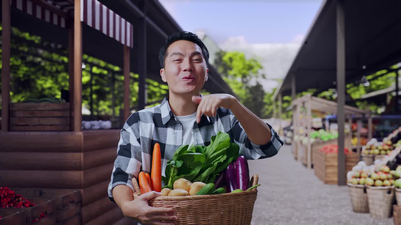 Agricultor asiático con una cesta de verduras con cara de asombro en un mercado agrícola
