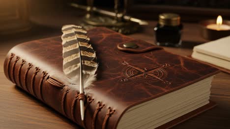 an elegant leather-bound journal with a quill pen and ink, resting on an antique wooden desk, complemented by soft candlelight and vintage writing tools