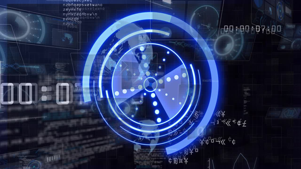 On left counter incrementing, blue circular HUD rotating, pulsing, sweeping arcs, visualizing data