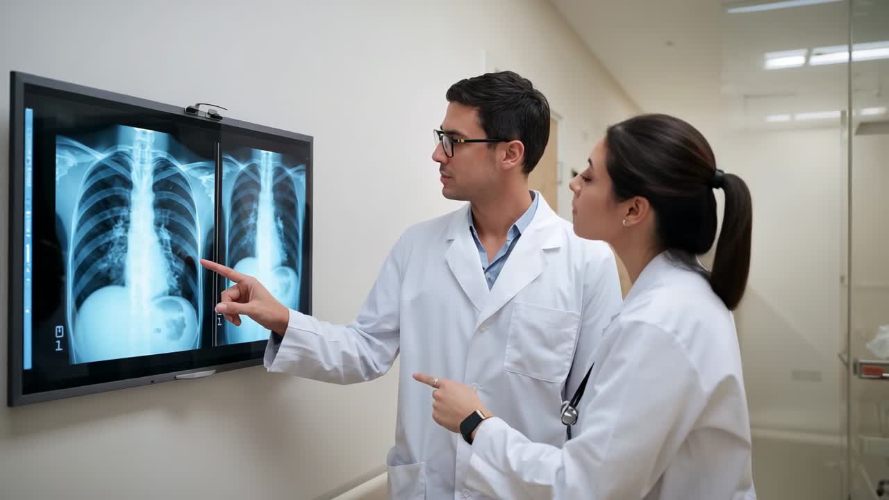 Two doctors wearing lab coats pointing at chest xrays prompted by lightbox in corridor, diagnosing