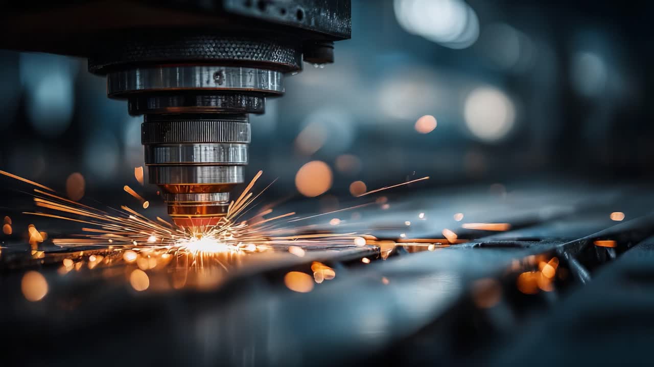 Close-Up of a Precision Laser Cutting Process Emitting Sparks on a Metal Surface, Showcasing Advanced Industrial Technology in Action