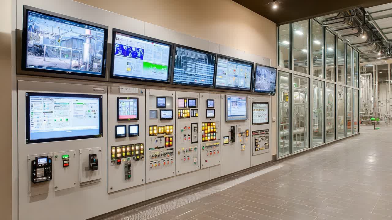 Control Room Interface Displaying Advanced Technology with Monitoring Screens and Operational Controls in a Modern Industrial Setting