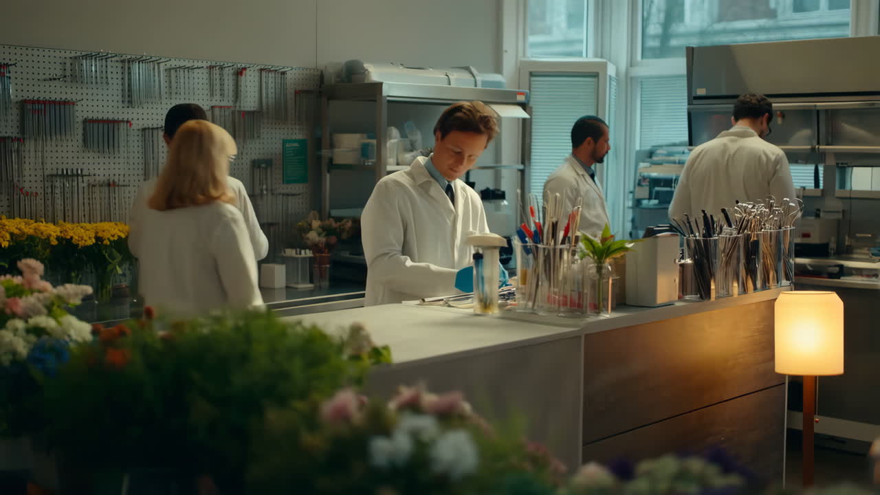 People in lab coats working in a professional floral and scientific workshop