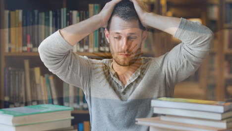 animation of flag of argentina over stressed male student studying library holding head