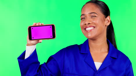 Phone,-happy-and-woman-contractor-on-green-screen