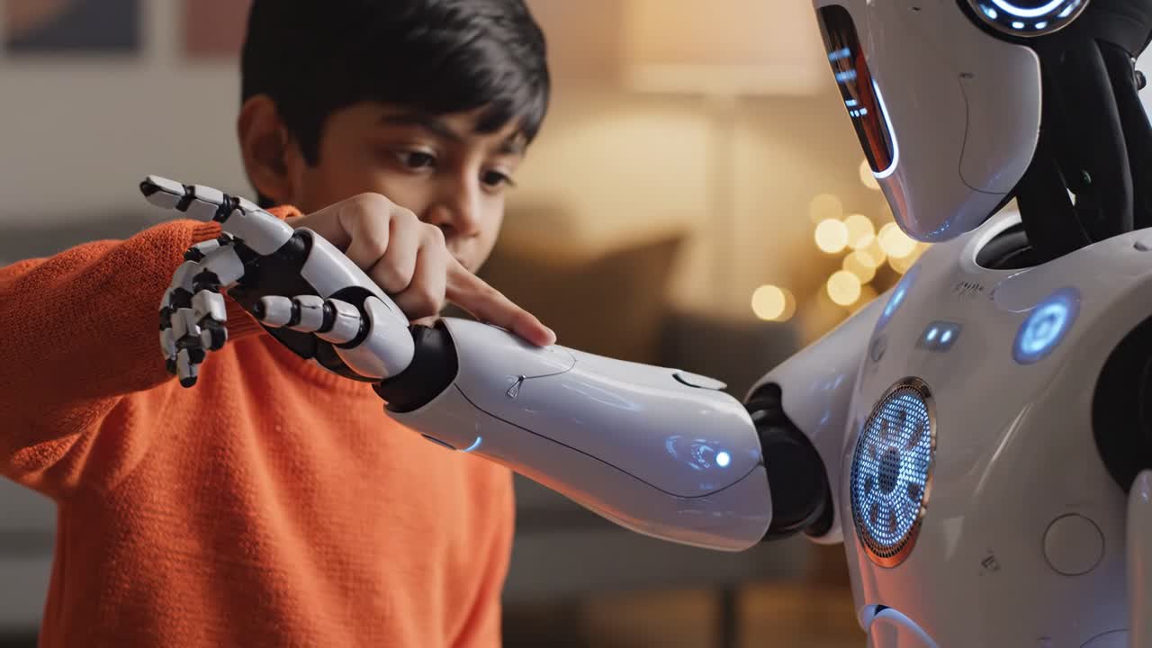 Boy interacting with a humanoid robot