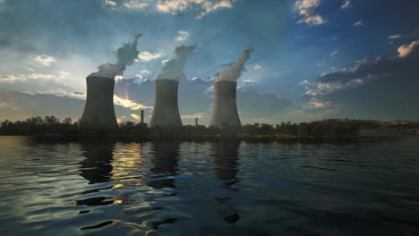 steaming cooling towers of nuclear power plant