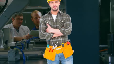 animation of caucasian worker over two caucasian workers