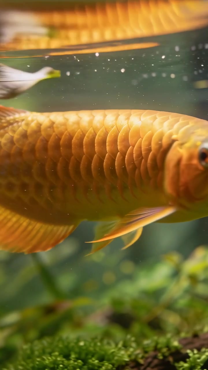 Video verticale: Arowana dorato che scivola, girandosi verso una foglia galleggiante e un compagno di vasca scuro in un acquario muschioso.