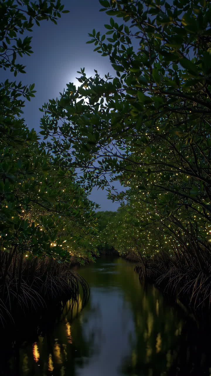 Glowing Mangrove Trees at Night Under the Moonlight