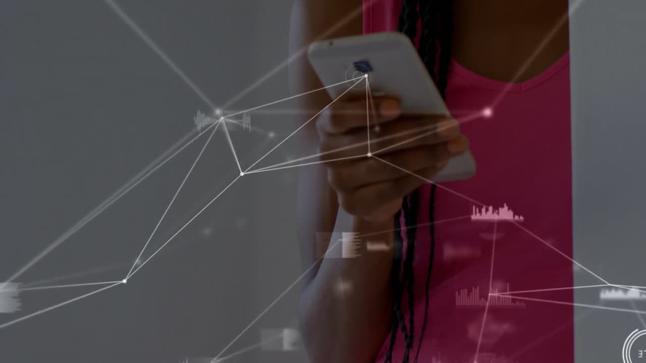 sosteniendo un teléfono inteligente, persona con trenzas viendo conexiones de red animación