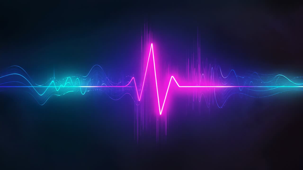Opening neon waveform pulsing magenta peaks, cyan waves in dark backdrop, visualizing audio flow