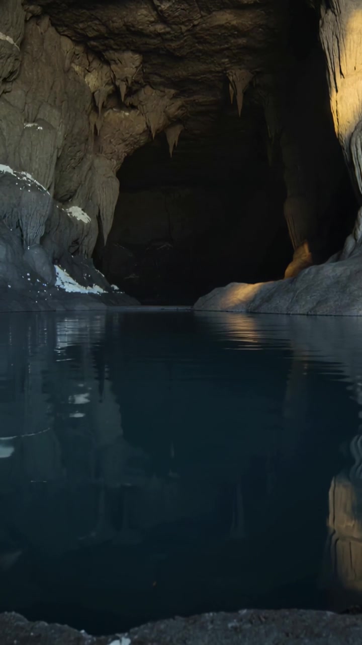 Vertical video: Camera filming stalactite cave over calm pool, warm light from right making ripples