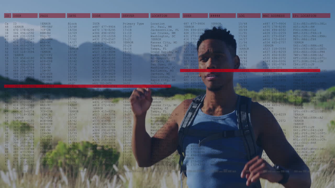 Hiking in nature, man with data processing animation overlay in forest