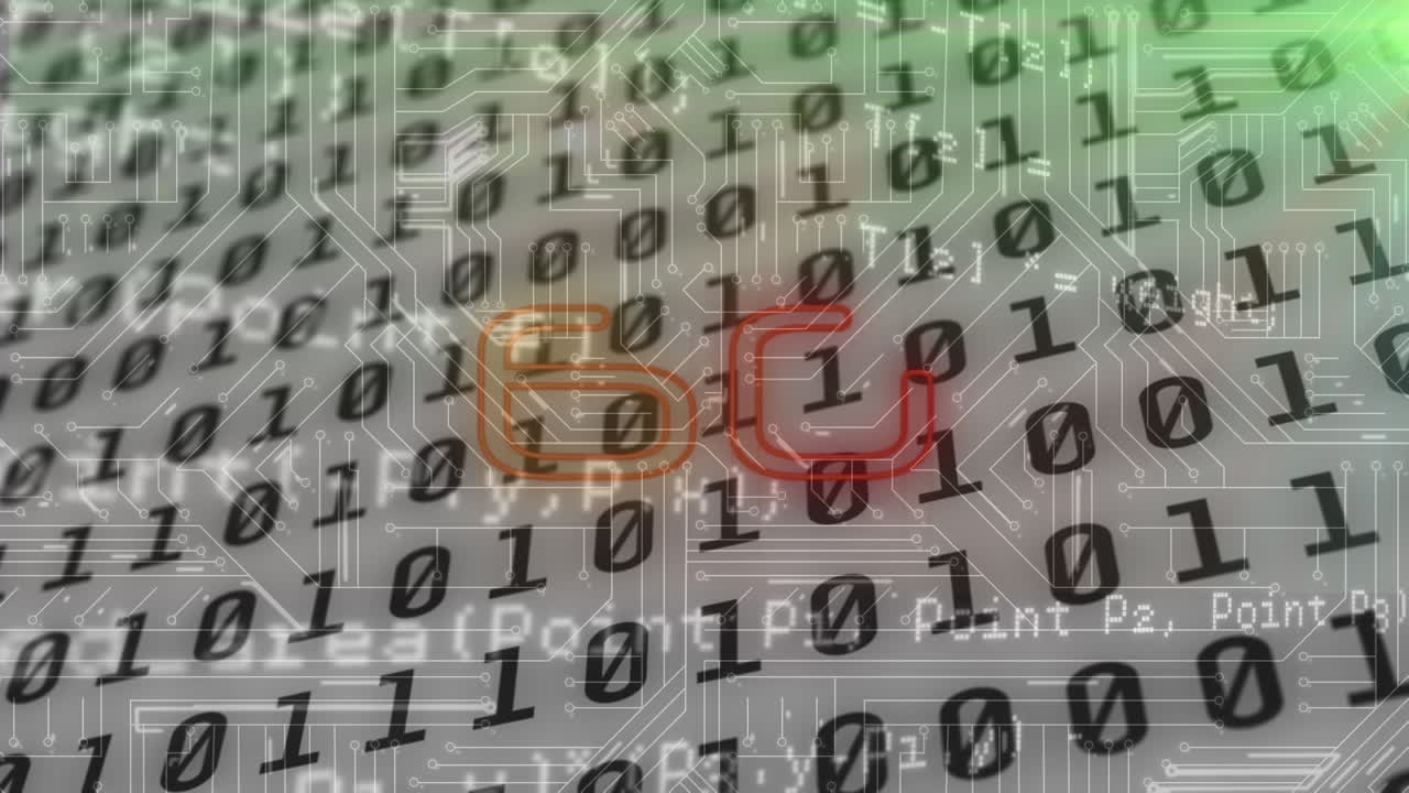 animación de texto de 6g, codificación binaria, procesamiento de datos sobre una placa de circuito de computadora brillante